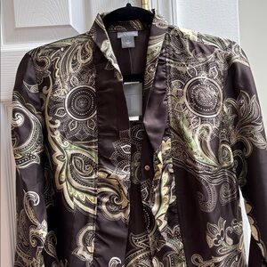 Silk Shirt with Ruffles - Paisley - Dark Brown & Green